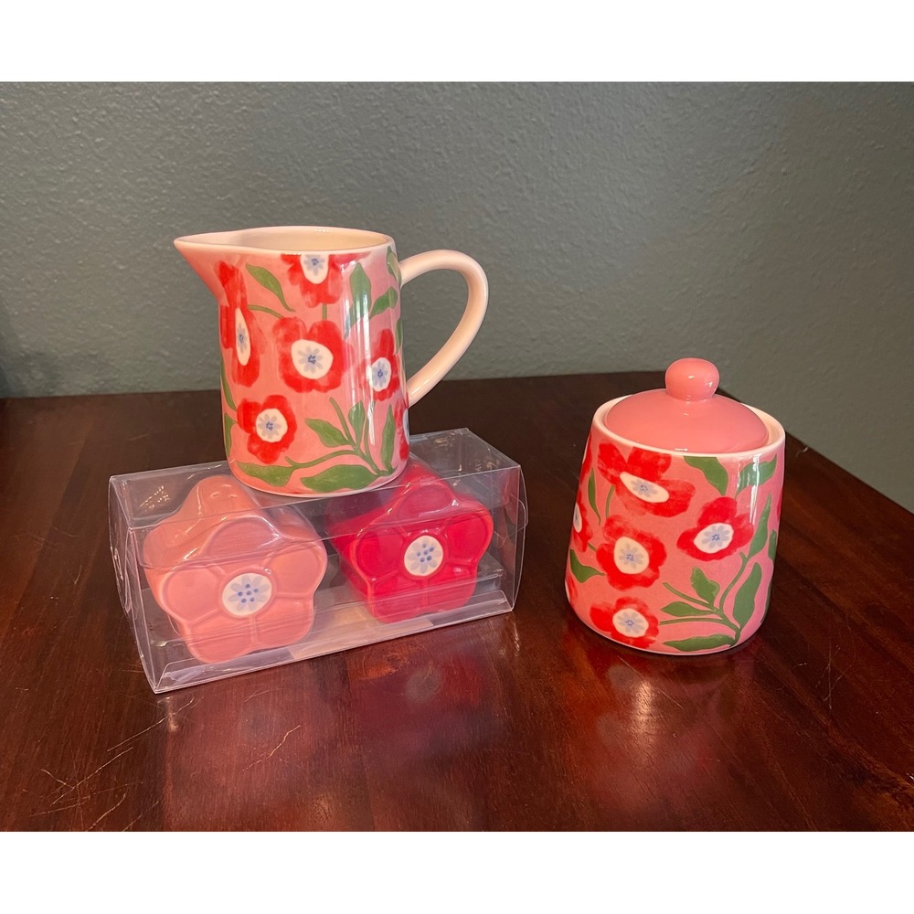 Pink Floral Cream Sugar Set with Flower Salt Pepper Shakers 4pc